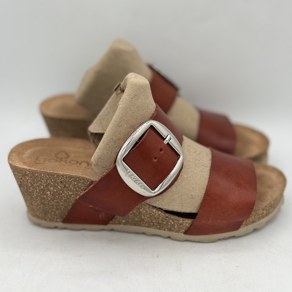 Yokono Caramel Cork Wedge Slide Leather Straps Sandals Women 7.5 Made In Spain - Picture 2 of 9
